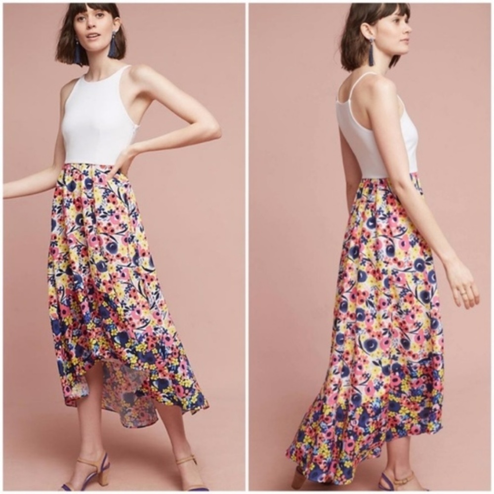 Anthropologie Floral Maxi Skirt in Pink, Blue, Yellow
